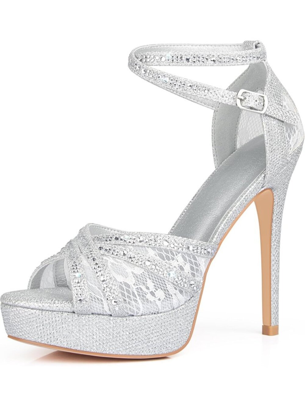 Women's Silver Glitter Peep Toe Platform Sparkly Rhinestone Lace Sandals Heels
